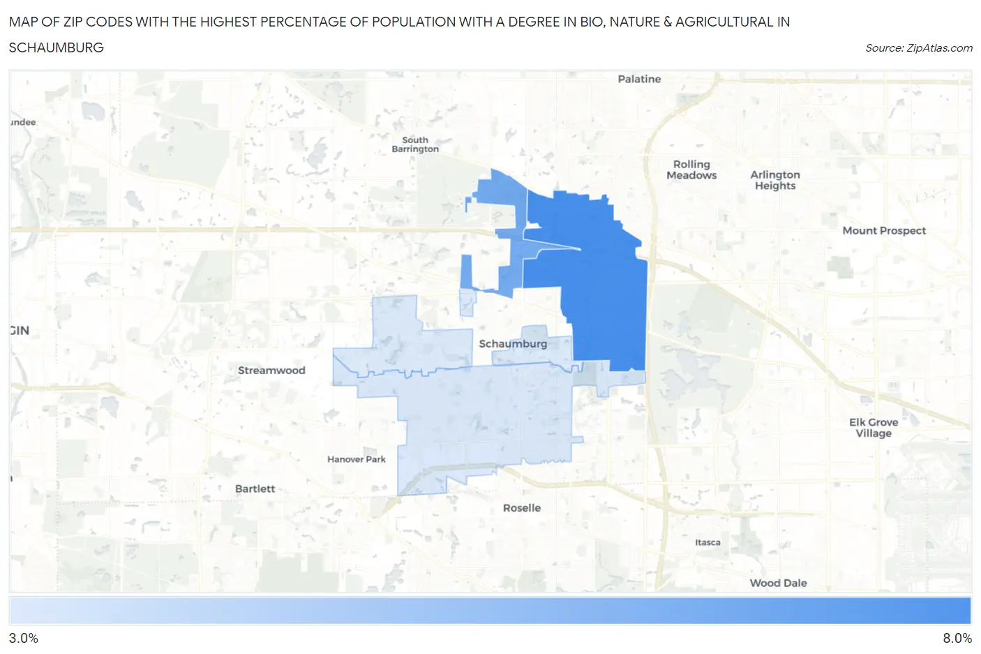 Zip Codes with the Highest Percentage of Population with a Degree in Bio, Nature & Agricultural in Schaumburg Map
