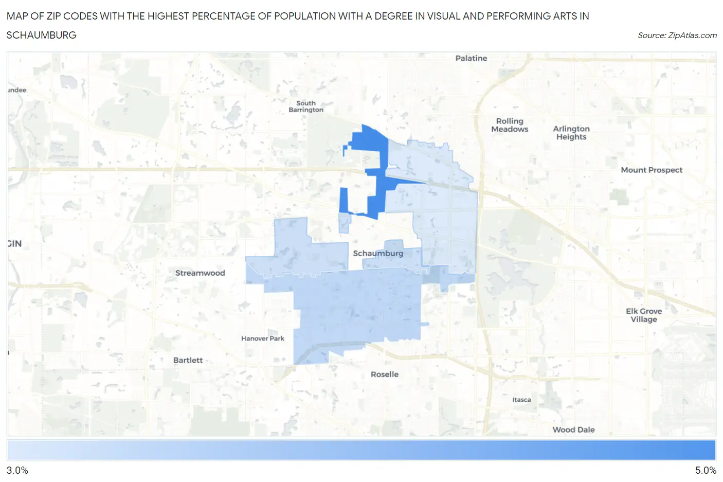 Zip Codes with the Highest Percentage of Population with a Degree in Visual and Performing Arts in Schaumburg Map