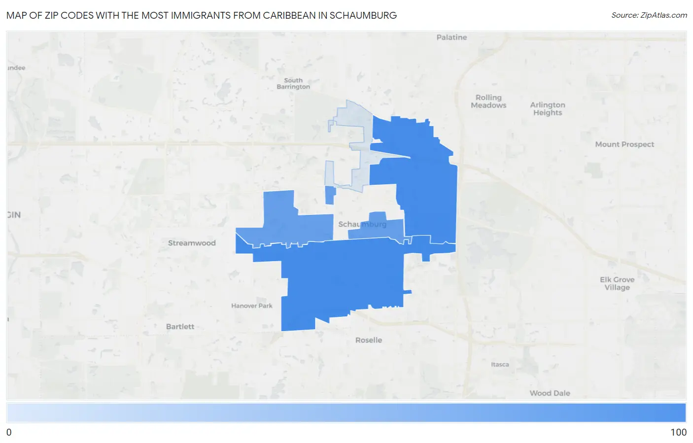 Zip Codes with the Most Immigrants from Caribbean in Schaumburg Map