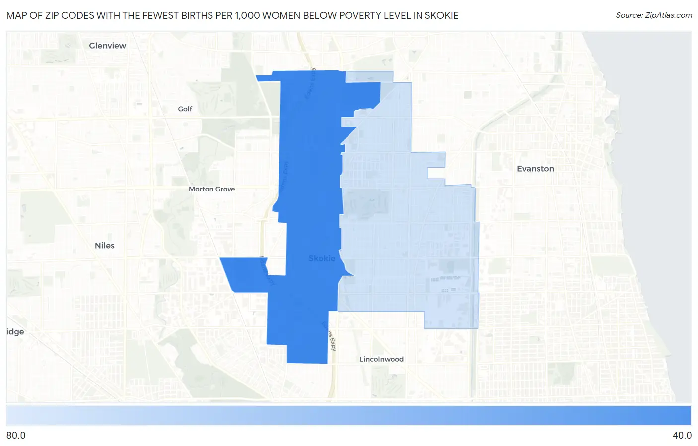Zip Codes with the Fewest Births per 1,000 Women Below Poverty Level in Skokie Map