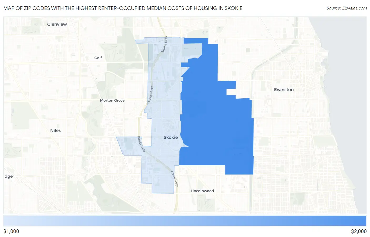 Zip Codes with the Highest Renter-Occupied Median Costs of Housing in Skokie Map