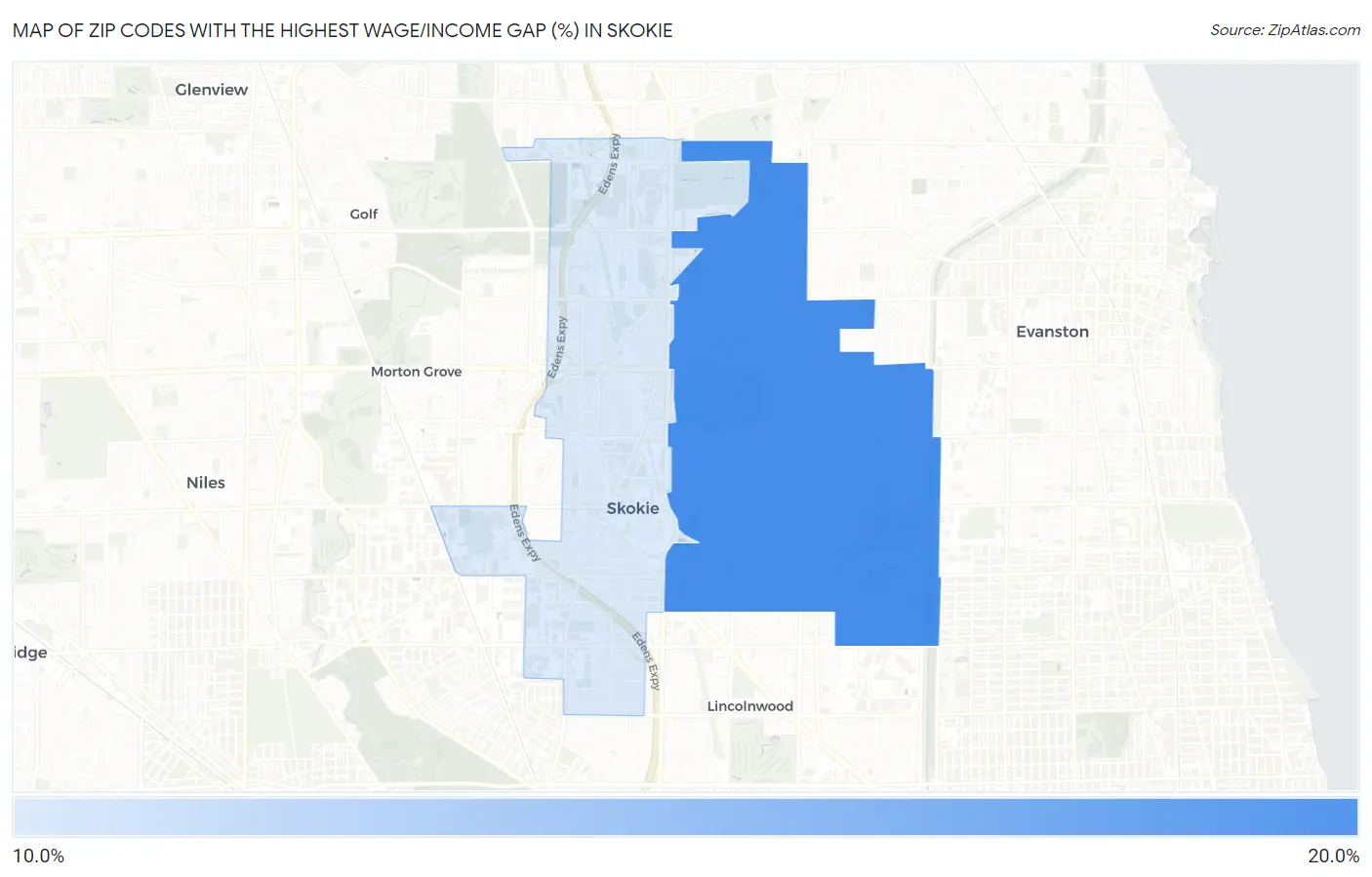 Zip Codes with the Highest Wage/Income Gap (%) in Skokie Map