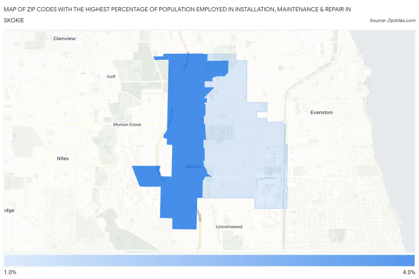 Zip Codes with the Highest Percentage of Population Employed in Installation, Maintenance & Repair in Skokie Map