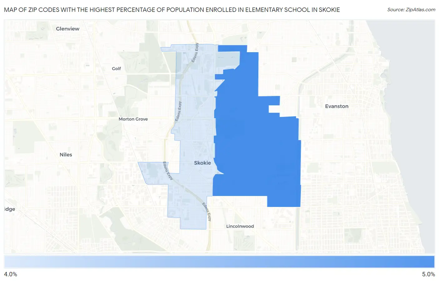 Zip Codes with the Highest Percentage of Population Enrolled in Elementary School in Skokie Map