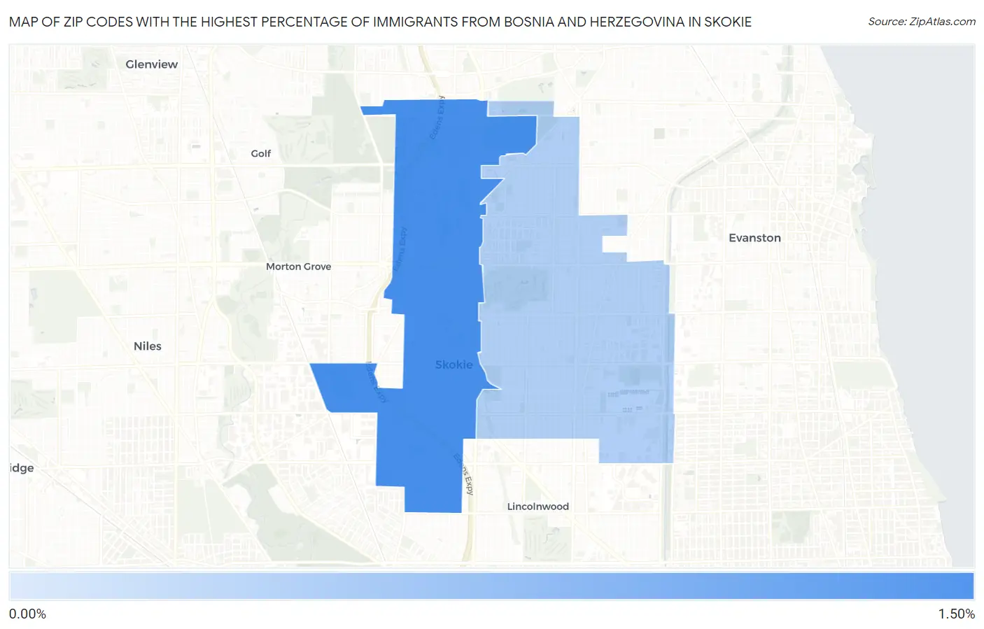 Zip Codes with the Highest Percentage of Immigrants from Bosnia and Herzegovina in Skokie Map