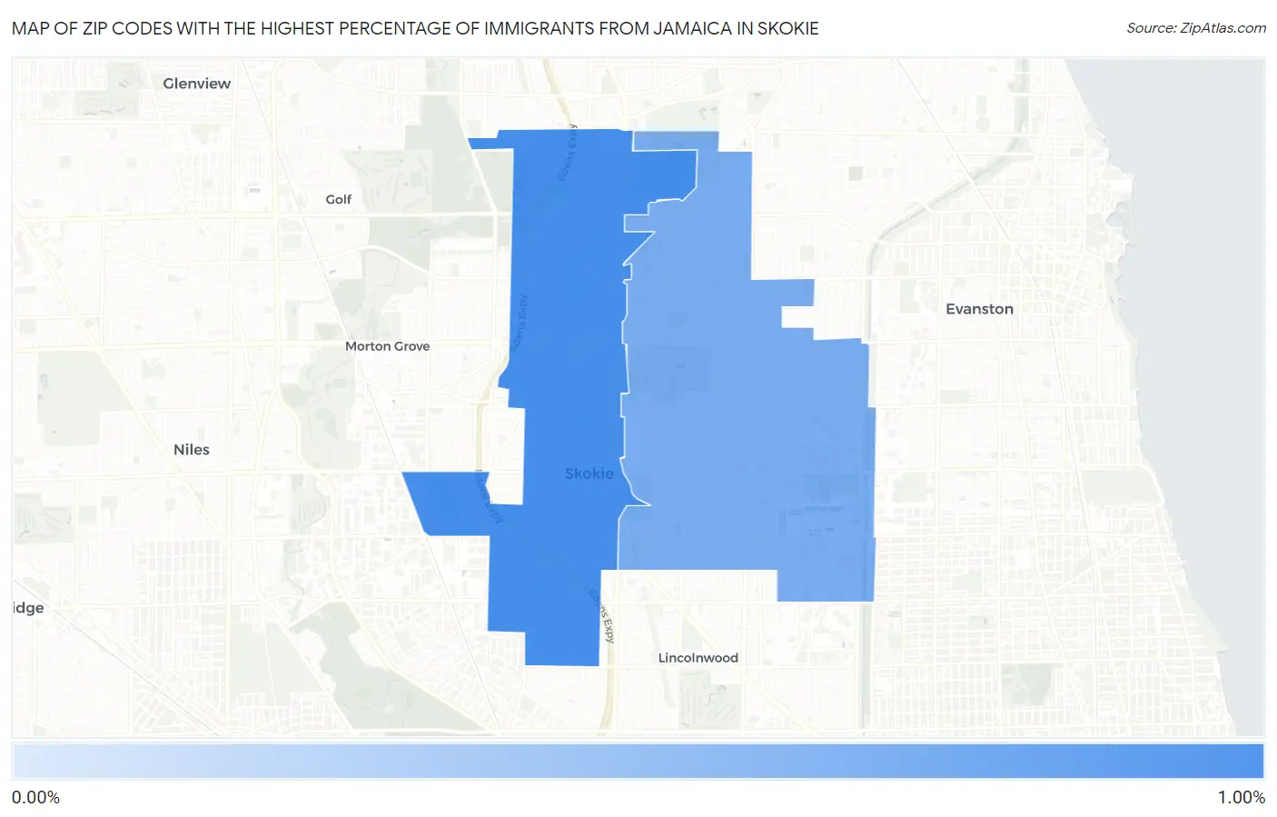 Zip Codes with the Highest Percentage of Immigrants from Jamaica in Skokie Map