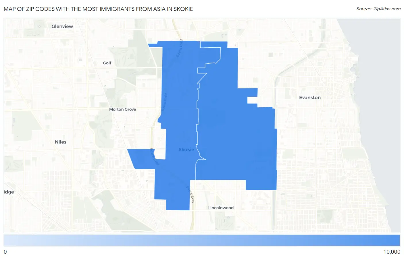 Zip Codes with the Most Immigrants from Asia in Skokie Map