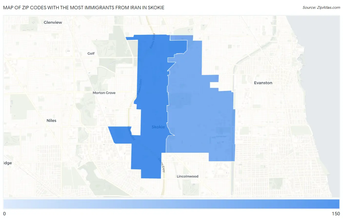 Zip Codes with the Most Immigrants from Iran in Skokie Map