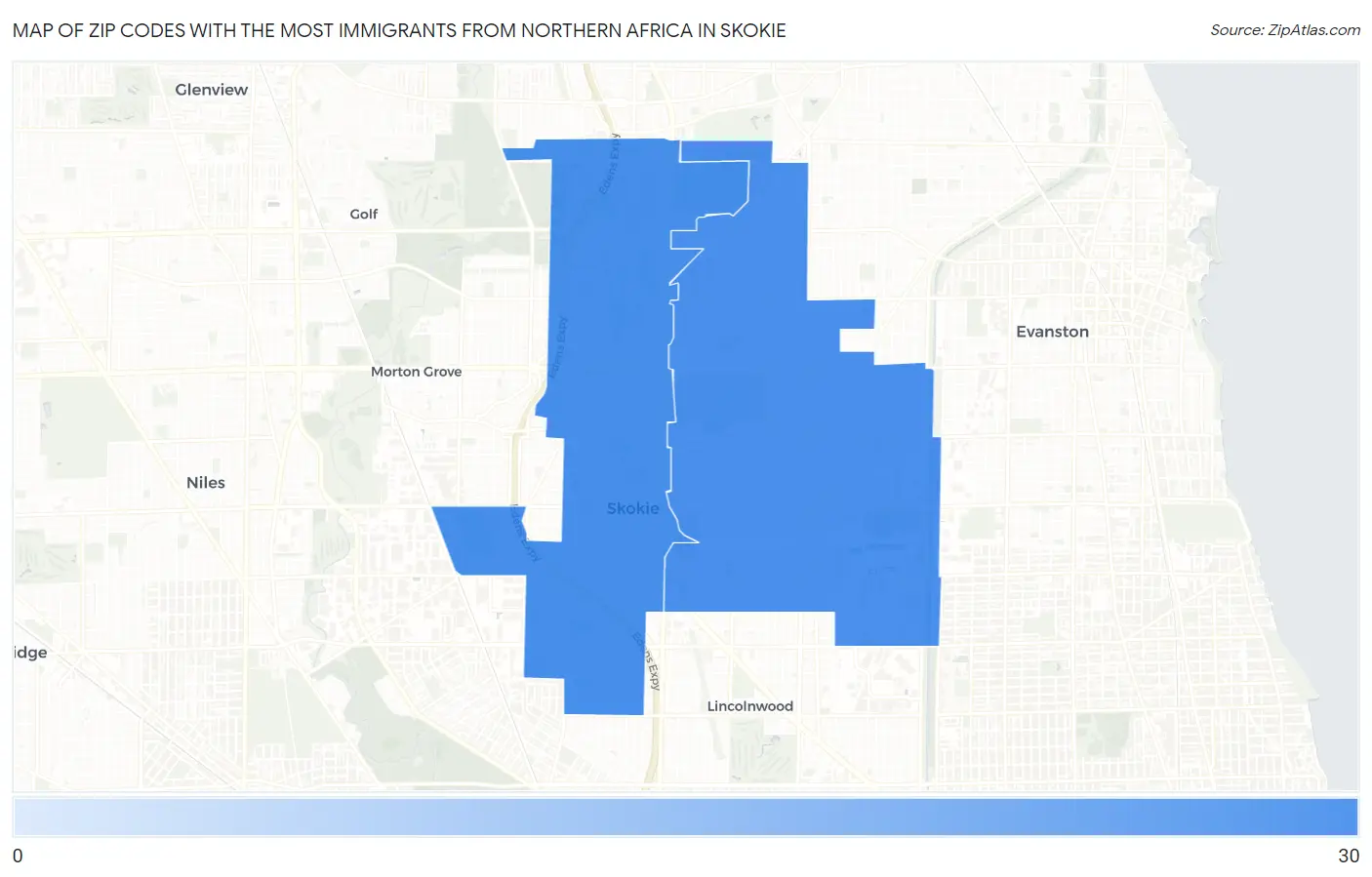 Zip Codes with the Most Immigrants from Northern Africa in Skokie Map