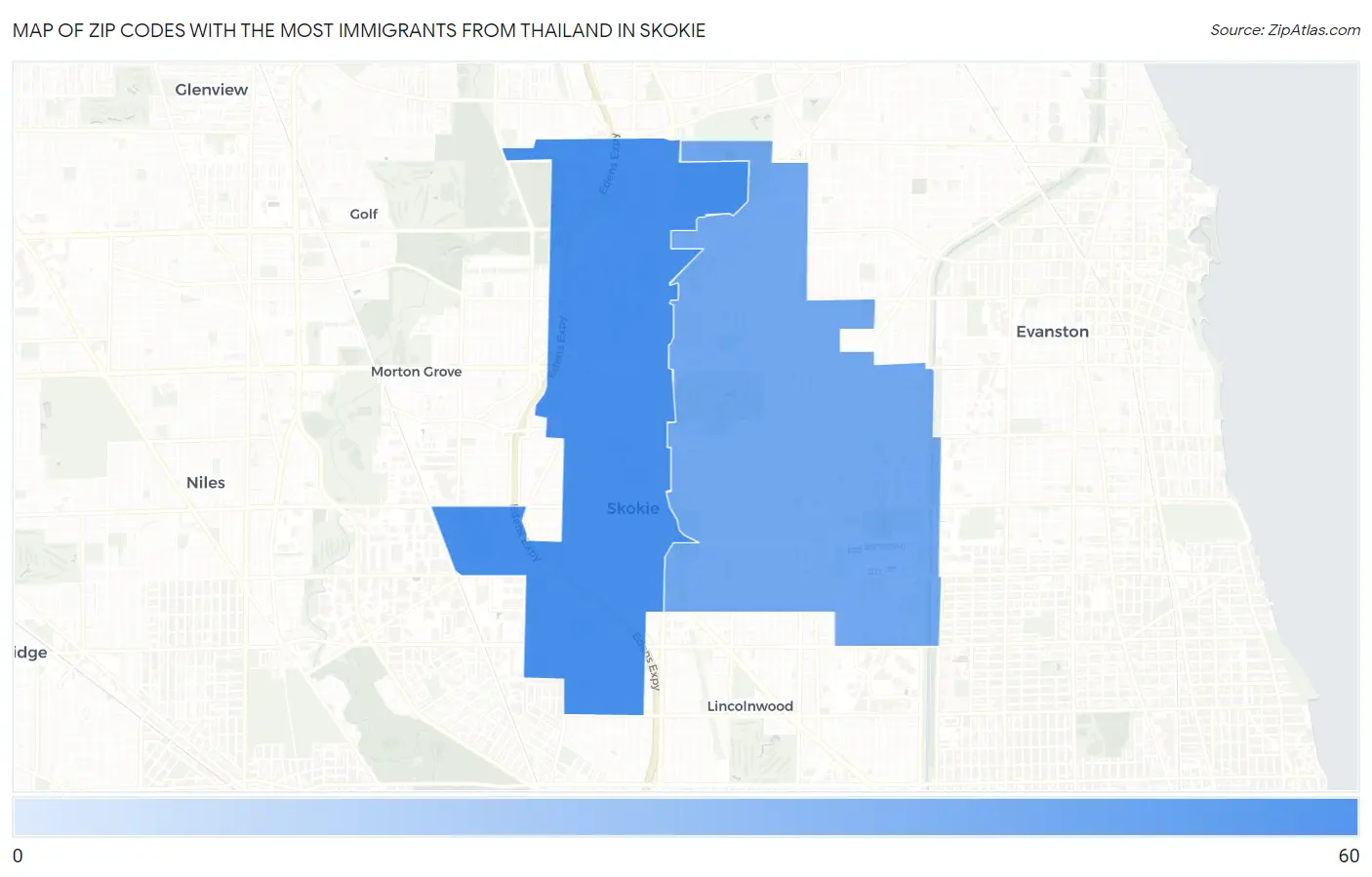 Zip Codes with the Most Immigrants from Thailand in Skokie Map