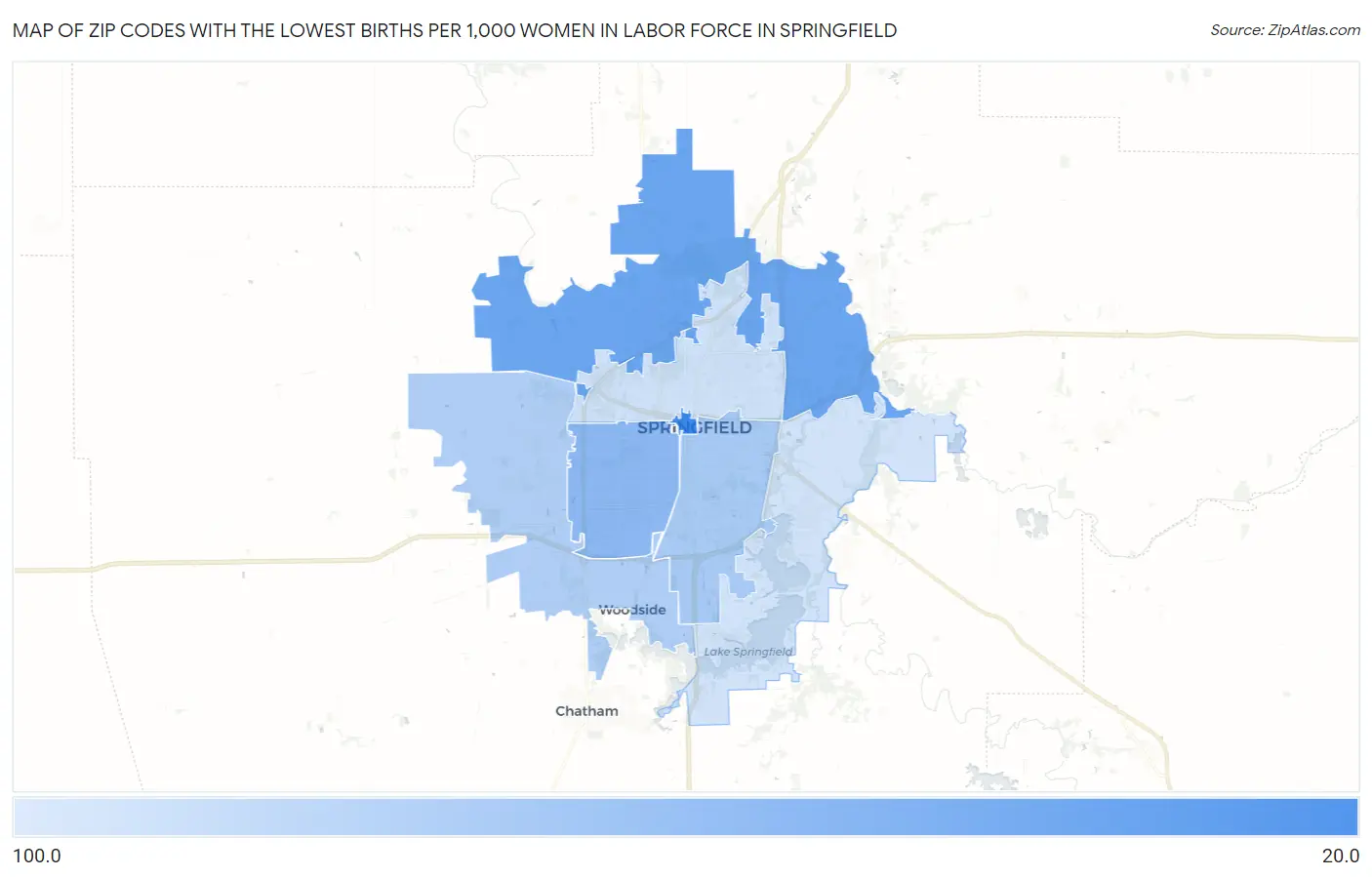 Zip Codes with the Lowest Births per 1,000 Women in Labor Force in Springfield Map