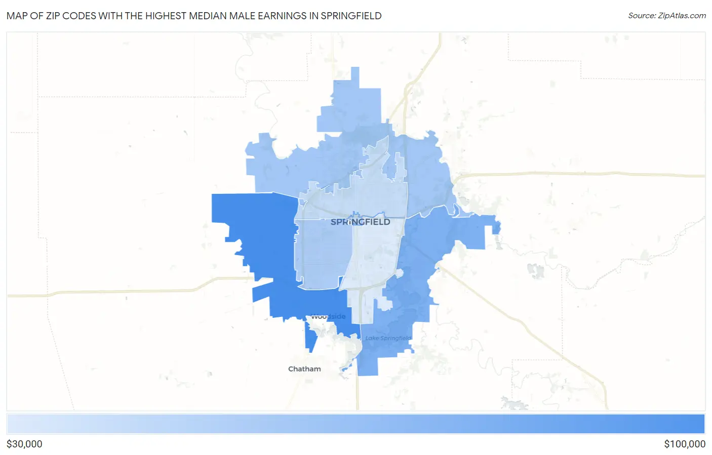 Zip Codes with the Highest Median Male Earnings in Springfield Map