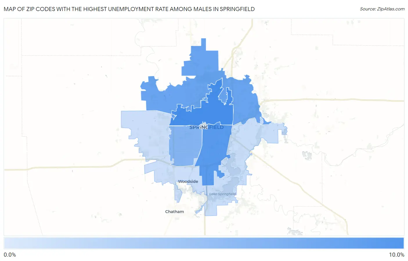 Zip Codes with the Highest Unemployment Rate Among Males in Springfield Map
