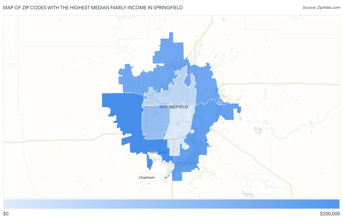 Zip Codes with the Highest Median Family Income in Springfield Map