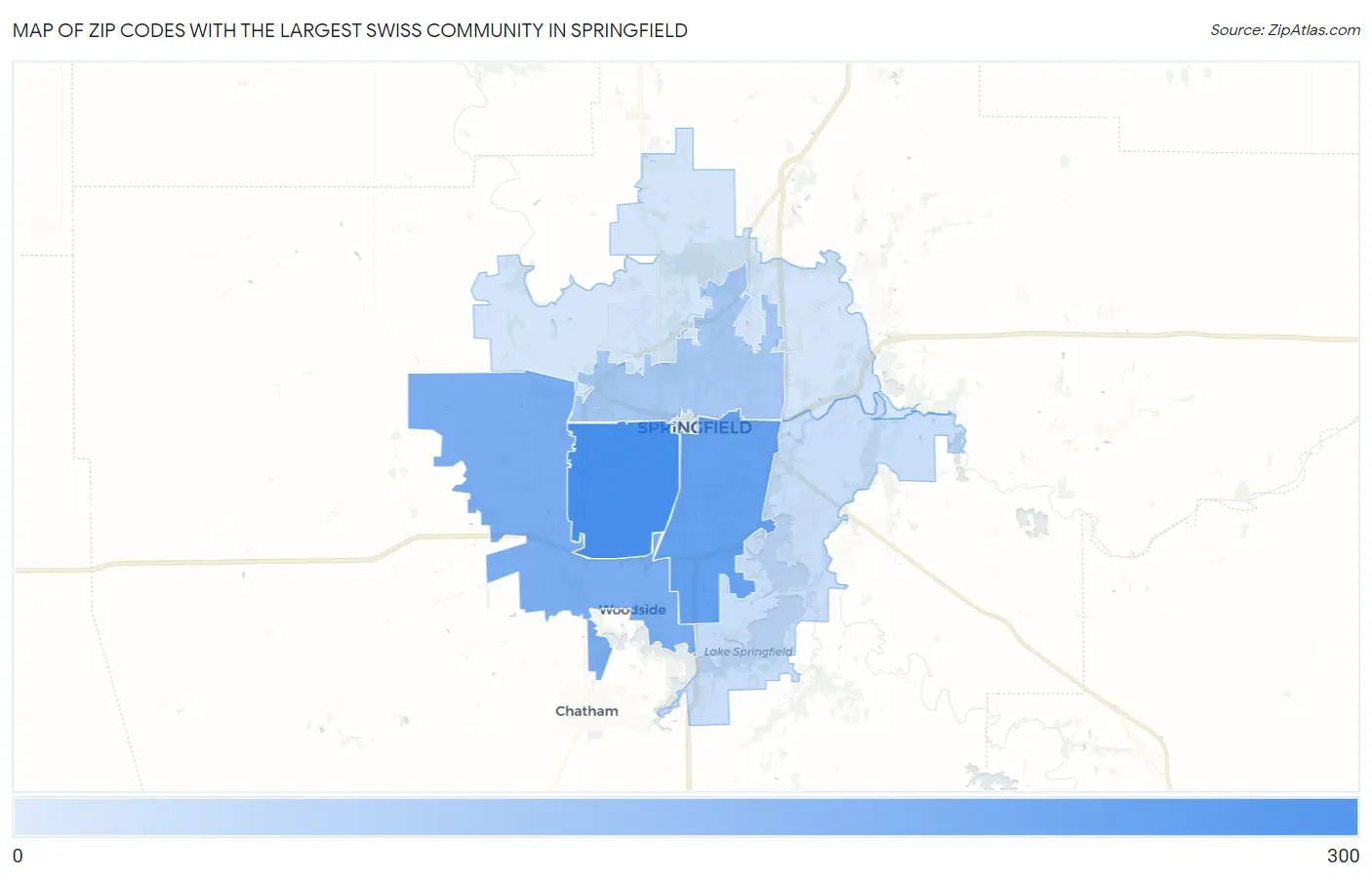 Zip Codes with the Largest Swiss Community in Springfield Map