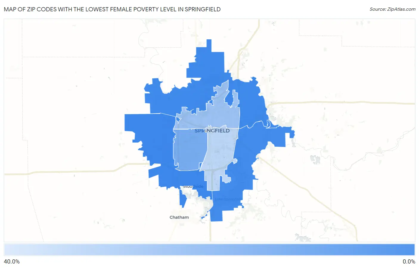 Zip Codes with the Lowest Female Poverty Level in Springfield Map