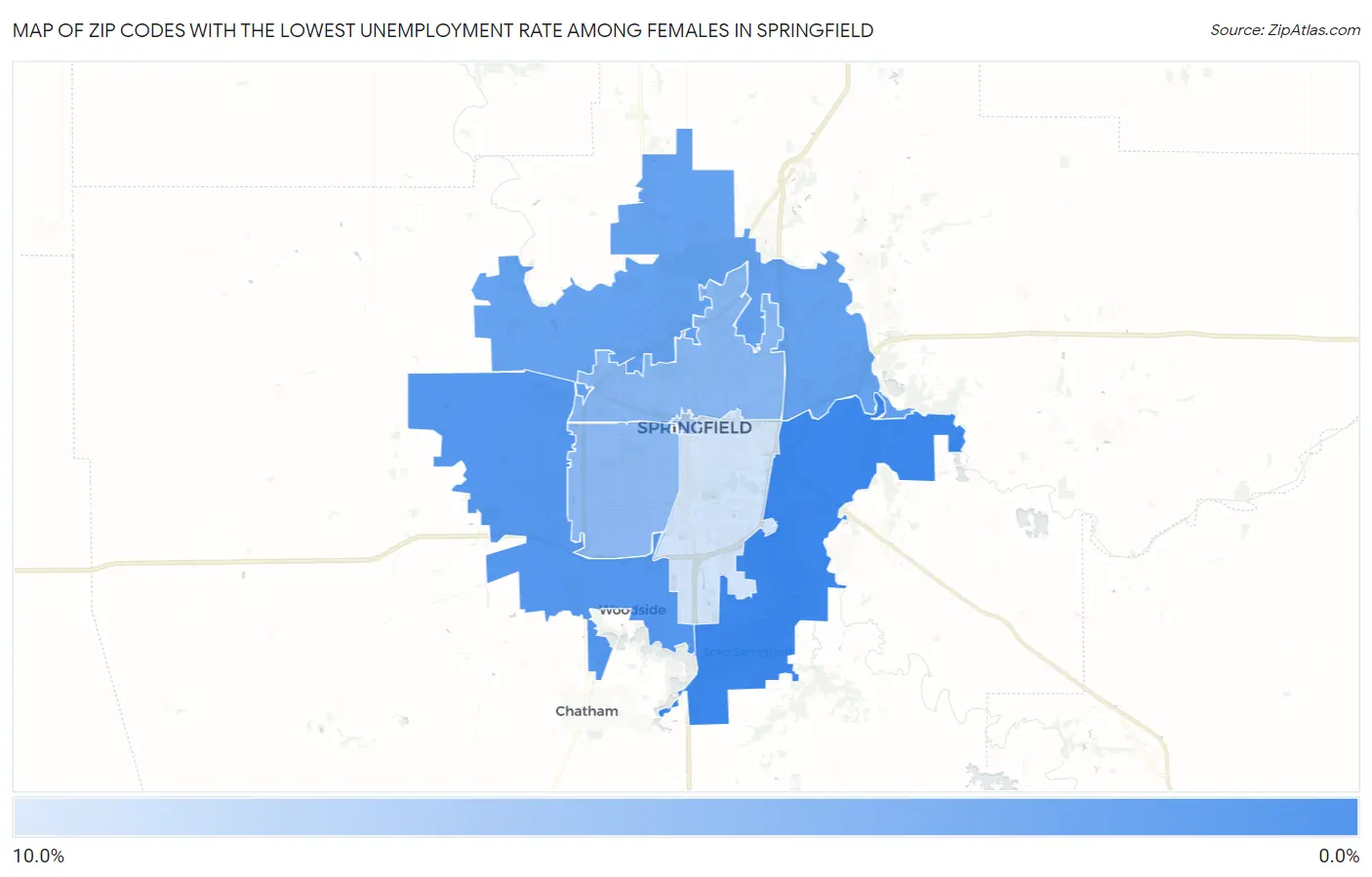 Zip Codes with the Lowest Unemployment Rate Among Females in Springfield Map
