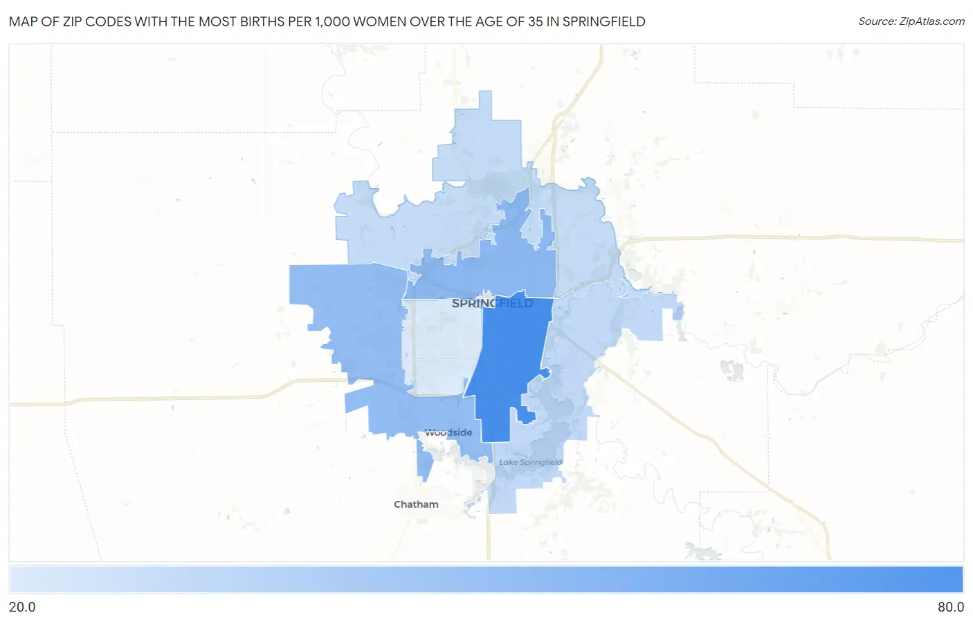 Zip Codes with the Most Births per 1,000 Women Over the Age of 35 in Springfield Map