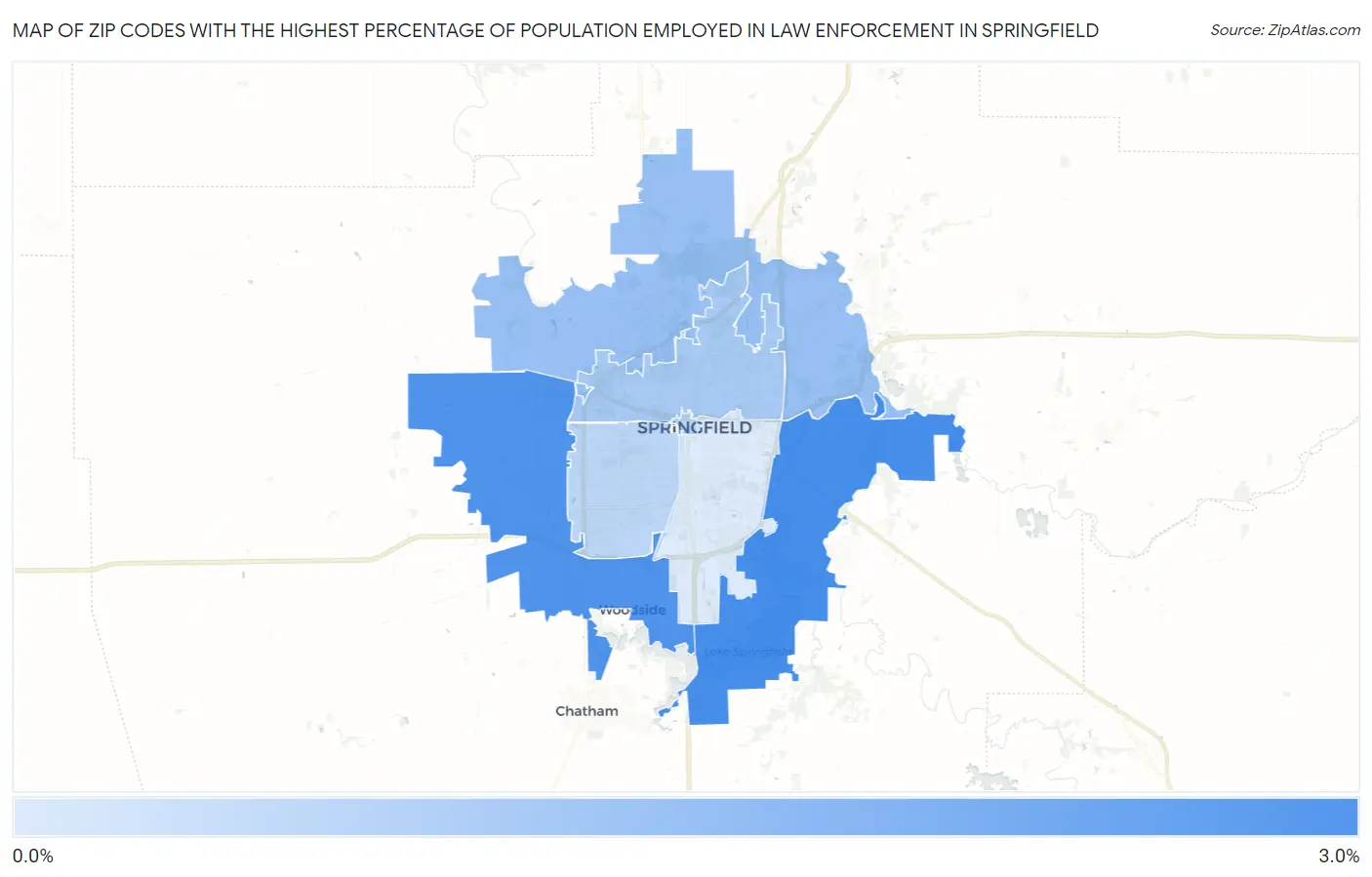 Zip Codes with the Highest Percentage of Population Employed in Law Enforcement in Springfield Map