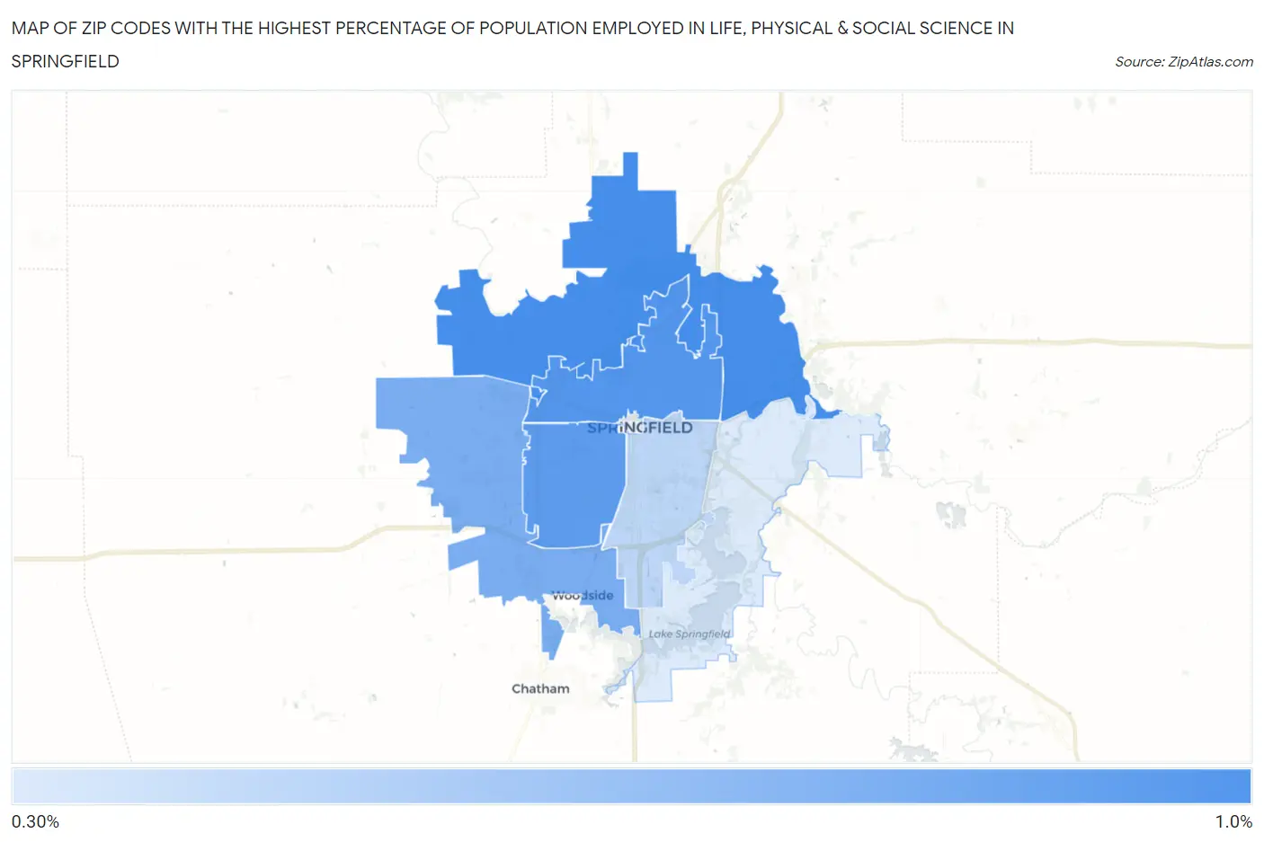 Zip Codes with the Highest Percentage of Population Employed in Life, Physical & Social Science in Springfield Map