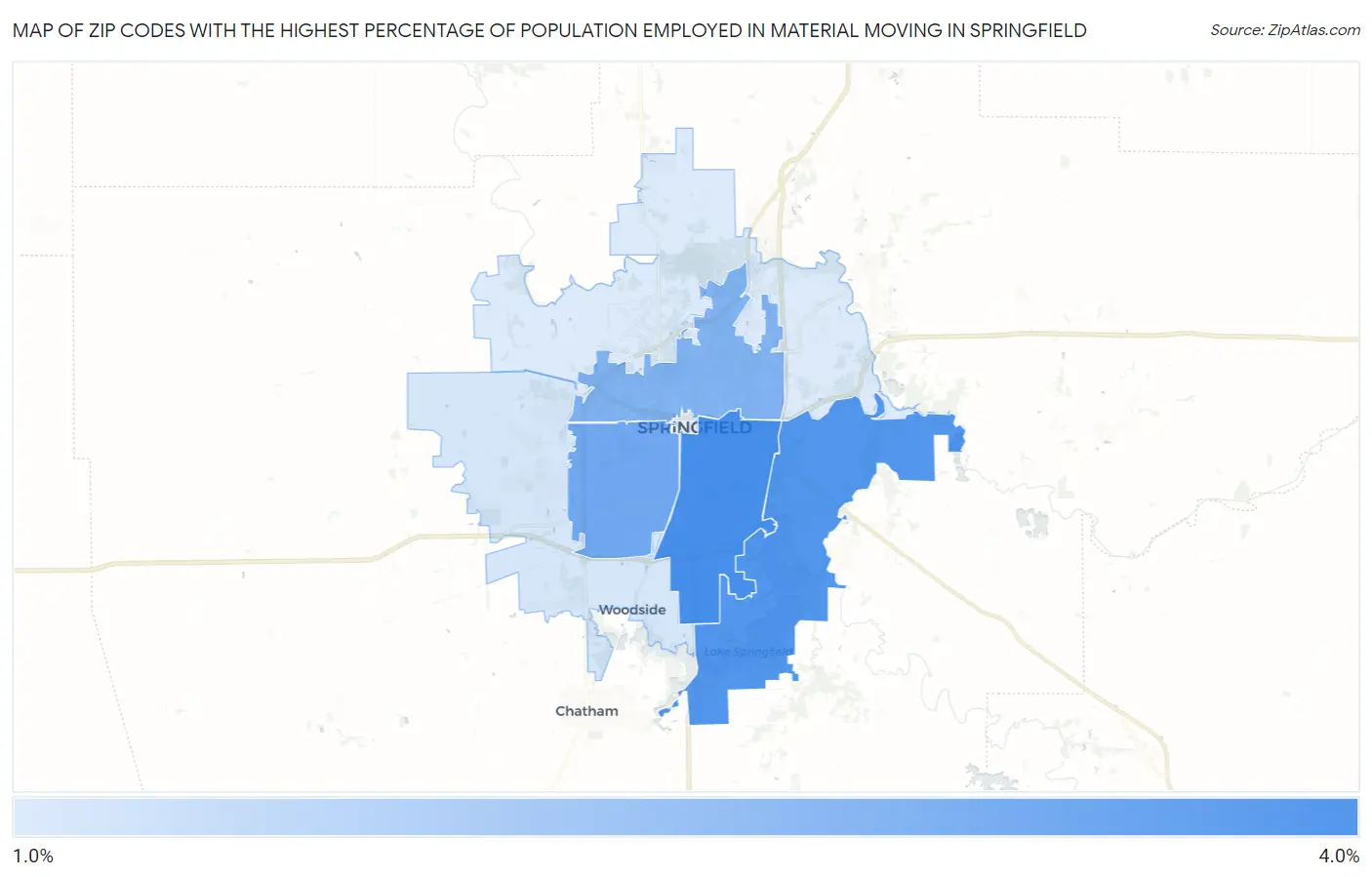 Zip Codes with the Highest Percentage of Population Employed in Material Moving in Springfield Map