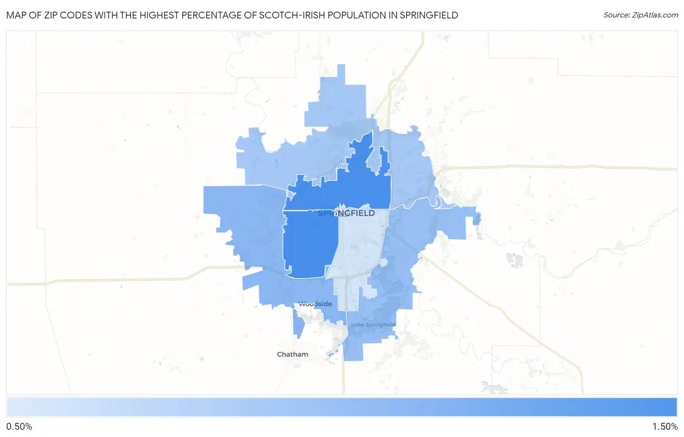Zip Codes with the Highest Percentage of Scotch-Irish Population in Springfield Map