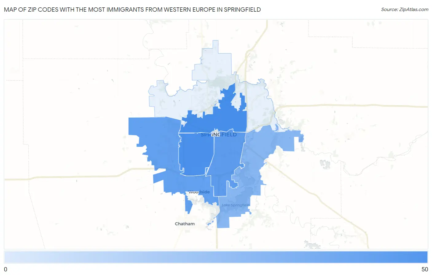 Zip Codes with the Most Immigrants from Western Europe in Springfield Map