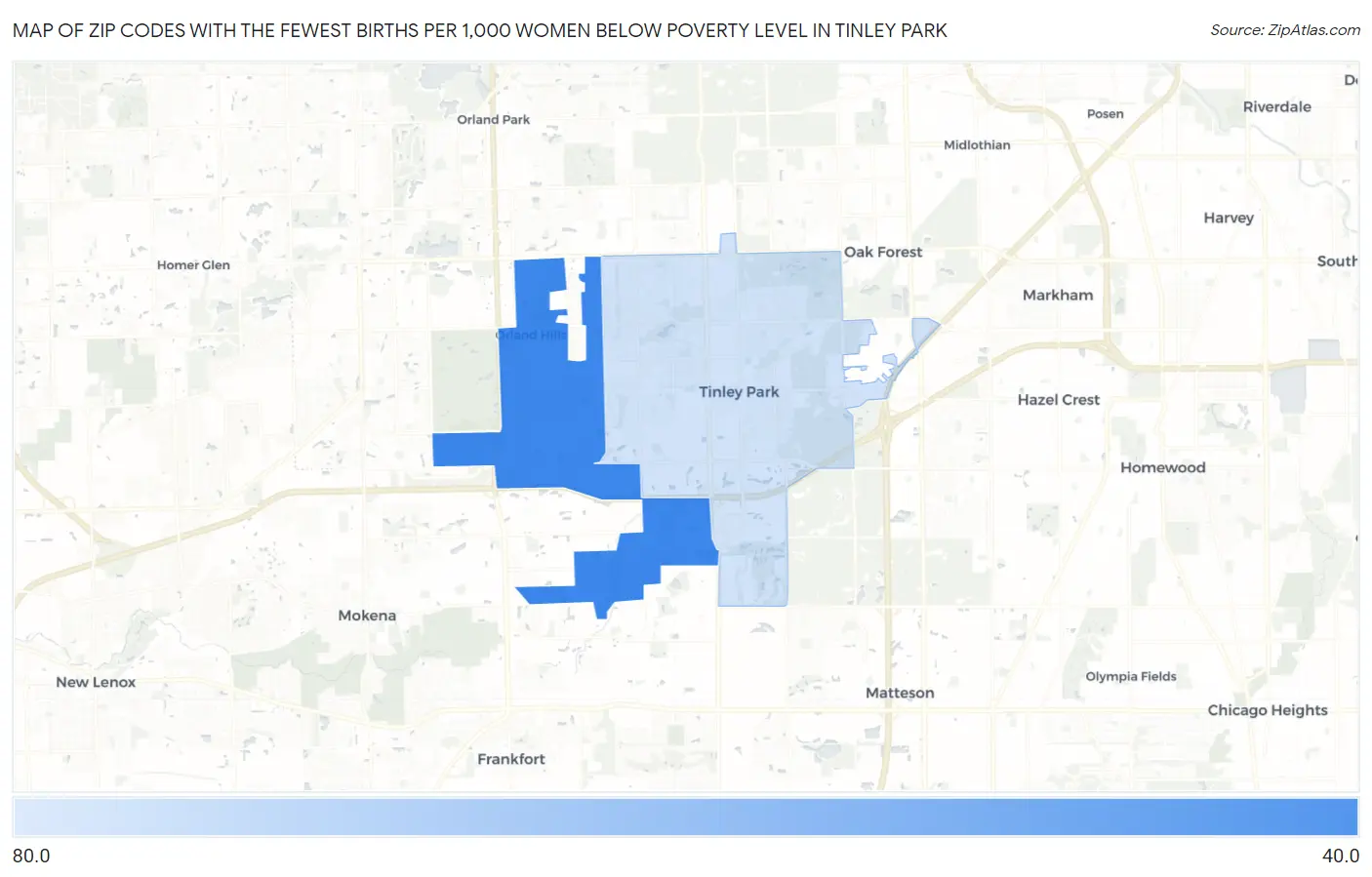 Zip Codes with the Fewest Births per 1,000 Women Below Poverty Level in Tinley Park Map