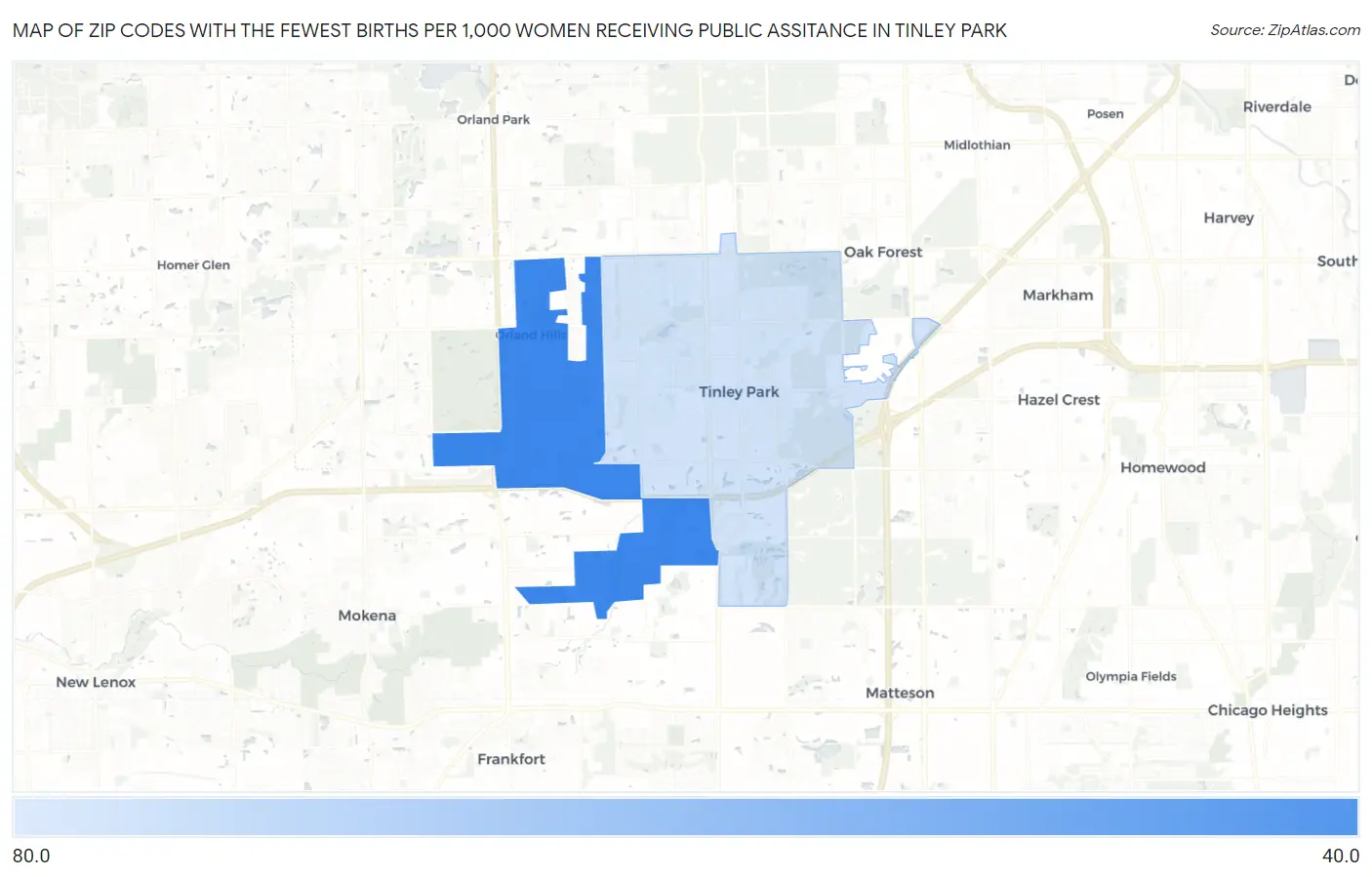Zip Codes with the Fewest Births per 1,000 Women Receiving Public Assitance in Tinley Park Map