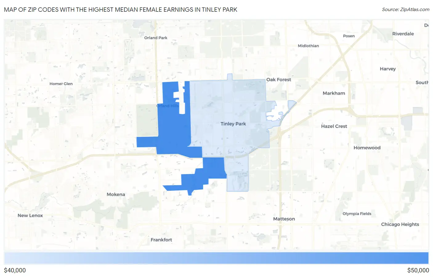 Zip Codes with the Highest Median Female Earnings in Tinley Park Map