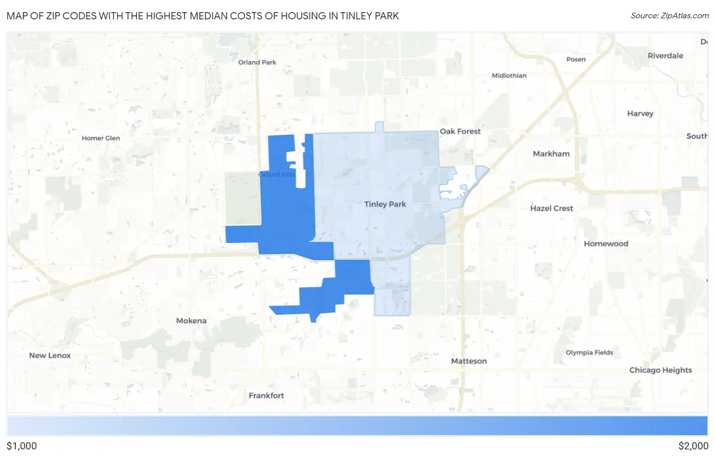 Zip Codes with the Highest Median Costs of Housing in Tinley Park Map