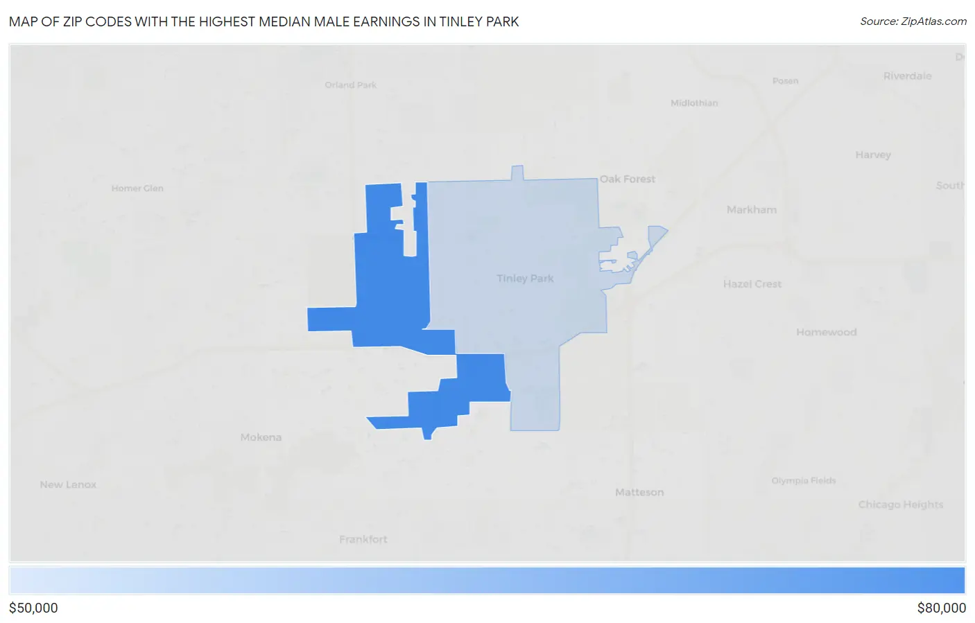 Zip Codes with the Highest Median Male Earnings in Tinley Park Map