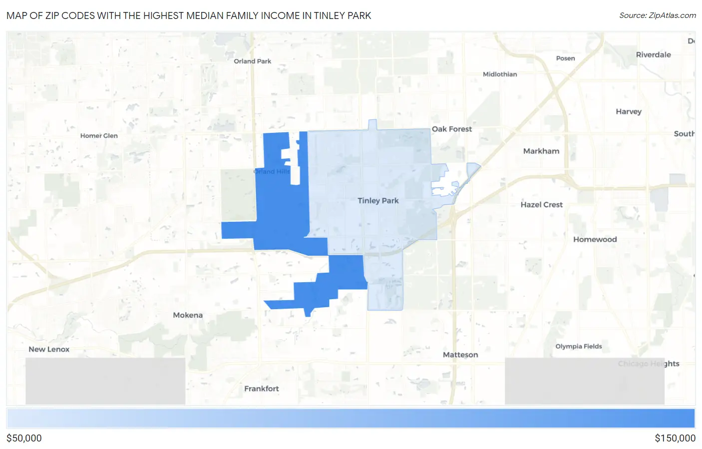 Zip Codes with the Highest Median Family Income in Tinley Park Map