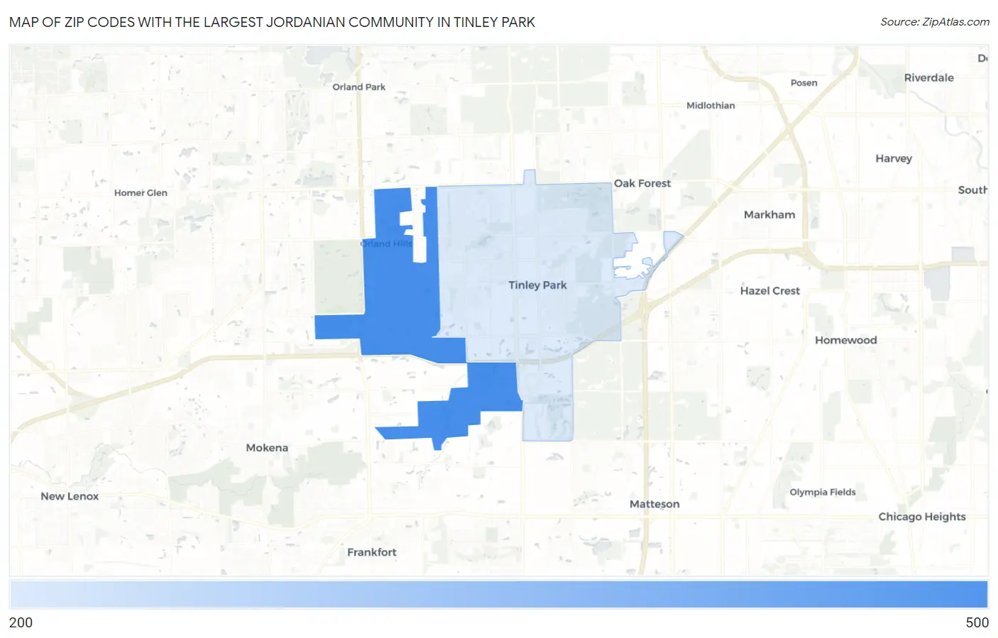 Zip Codes with the Largest Jordanian Community in Tinley Park Map