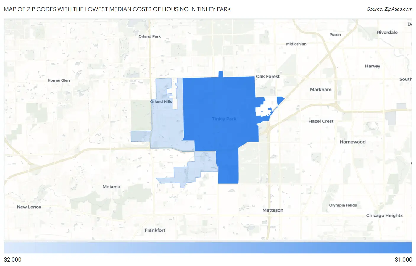 Zip Codes with the Lowest Median Costs of Housing in Tinley Park Map