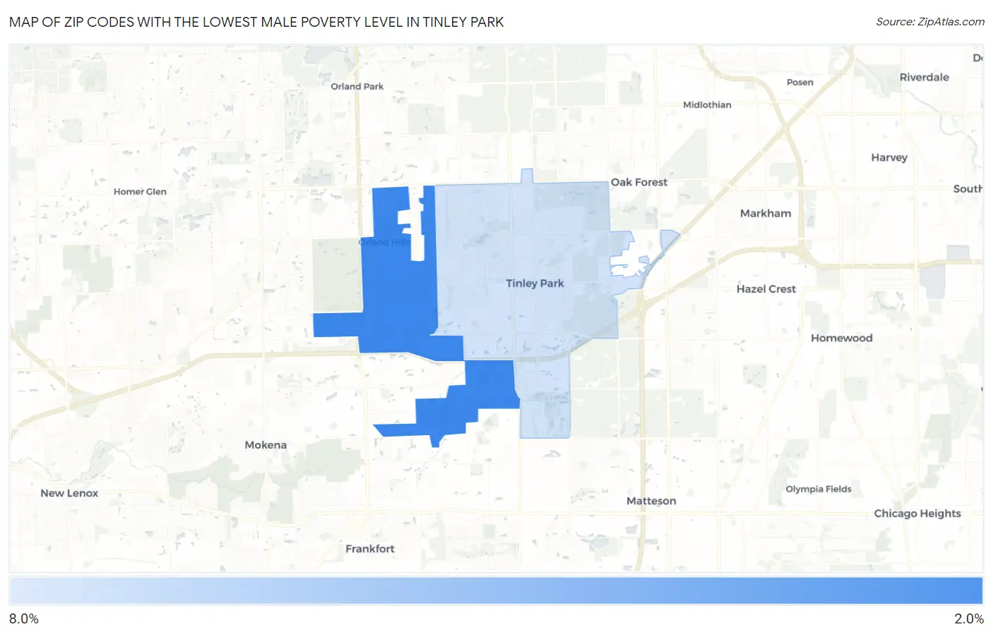 Zip Codes with the Lowest Male Poverty Level in Tinley Park Map