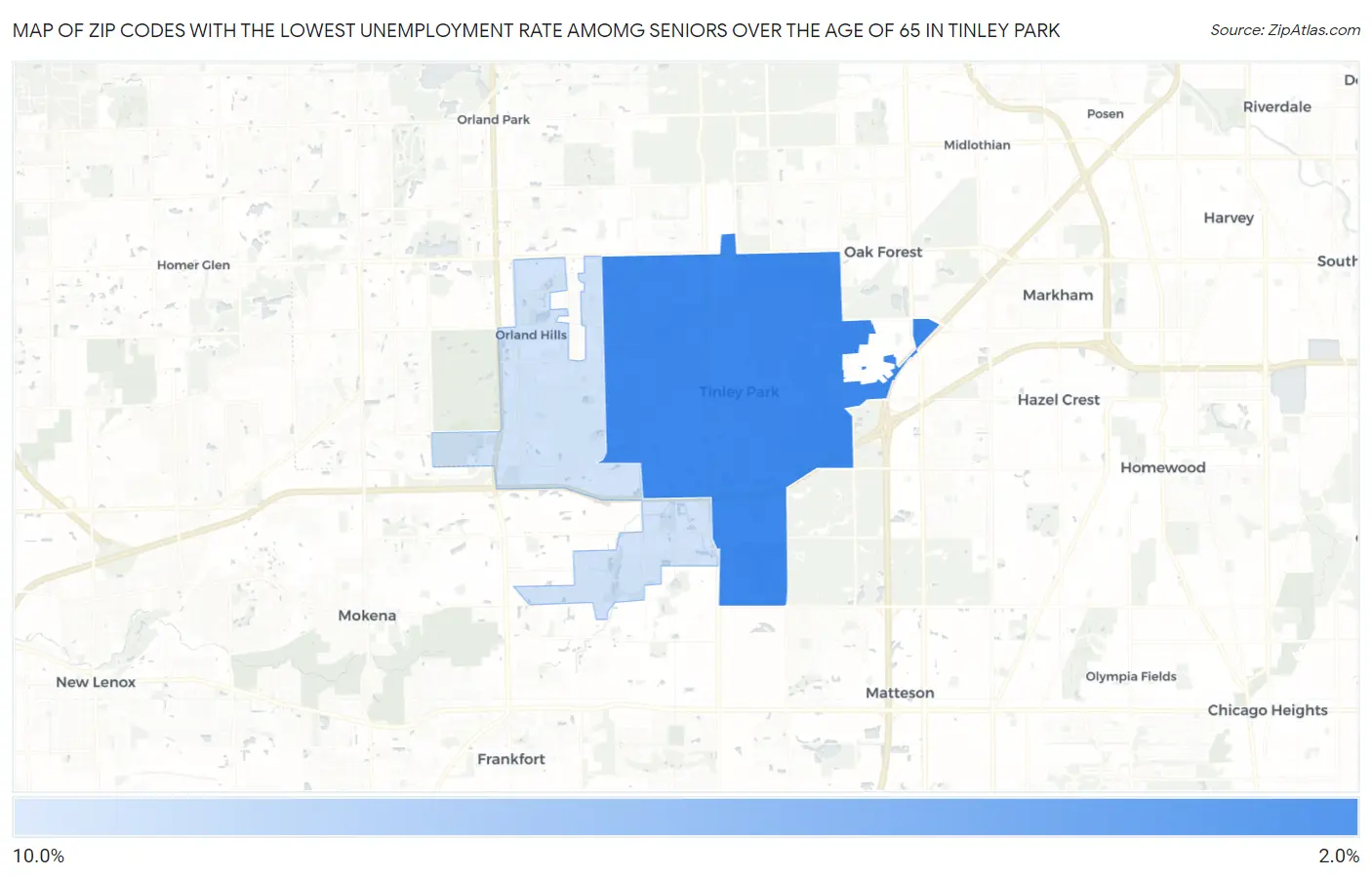 Zip Codes with the Lowest Unemployment Rate Amomg Seniors Over the Age of 65 in Tinley Park Map