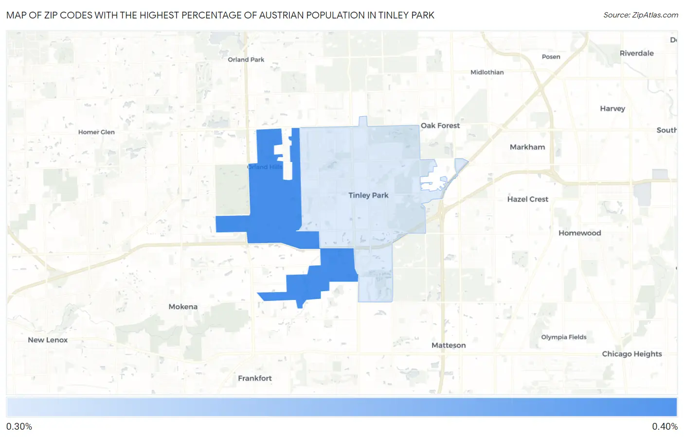 Zip Codes with the Highest Percentage of Austrian Population in Tinley Park Map