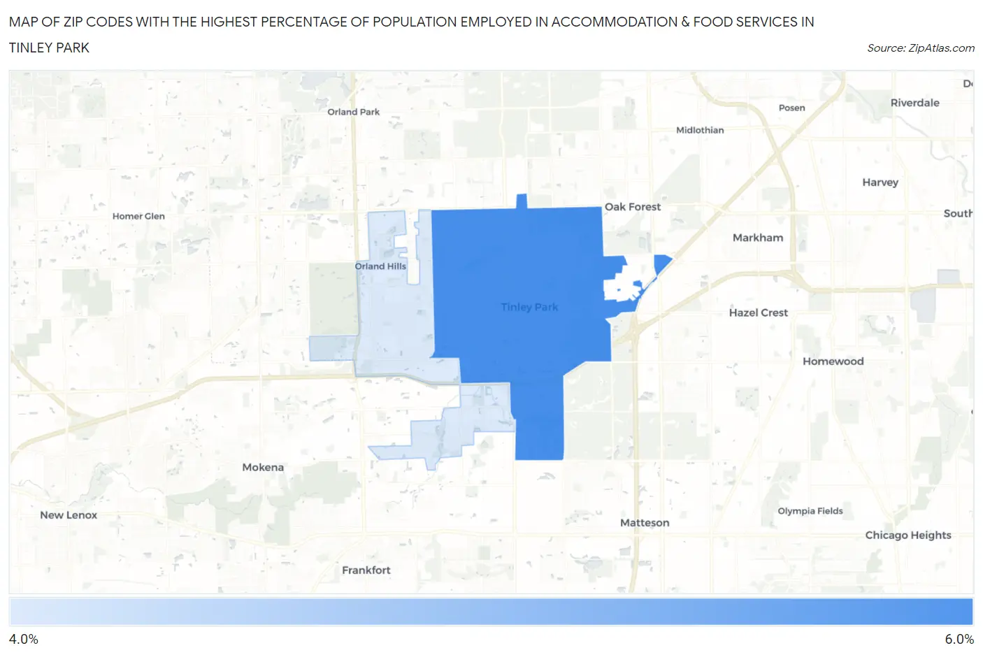 Zip Codes with the Highest Percentage of Population Employed in Accommodation & Food Services in Tinley Park Map