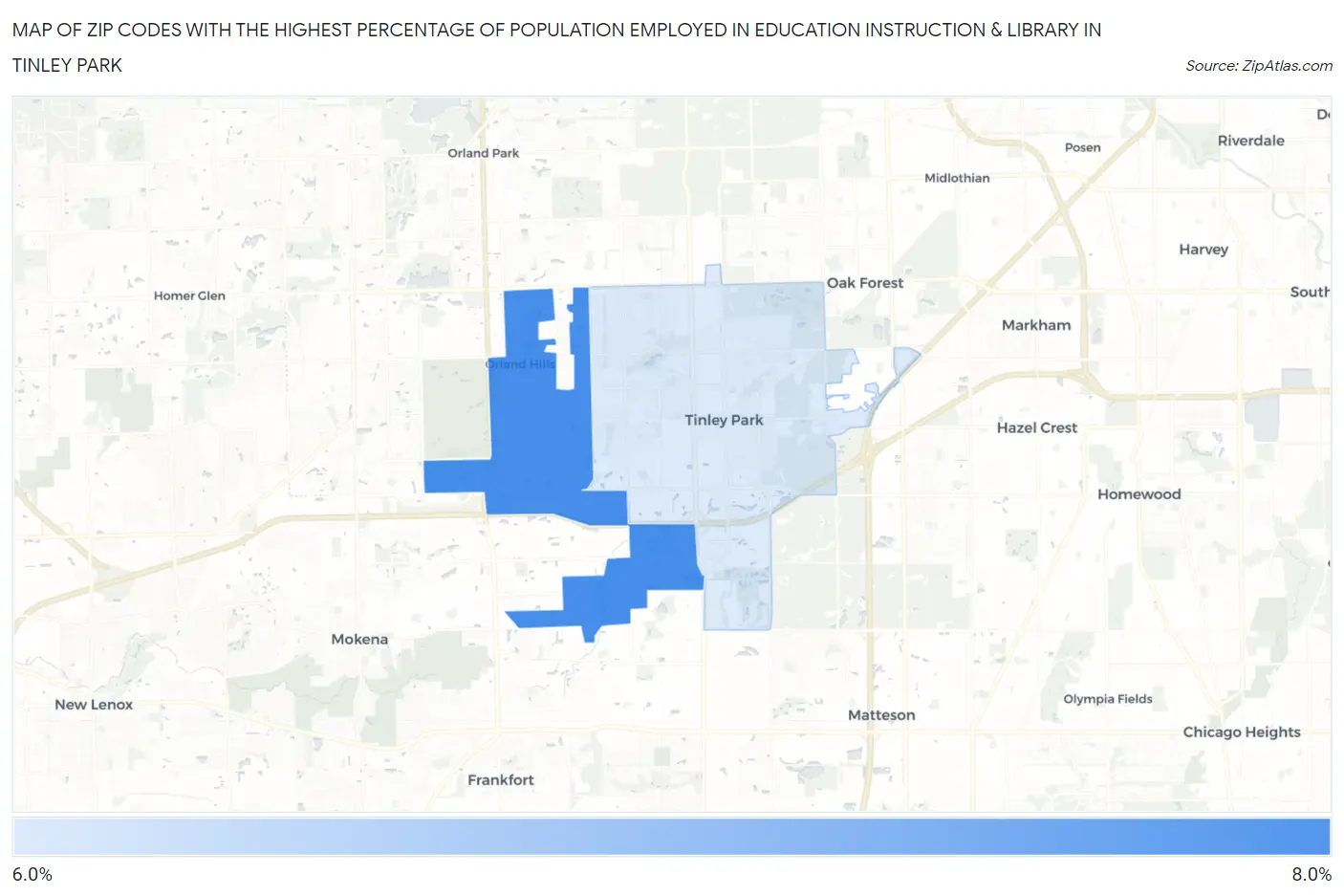 Zip Codes with the Highest Percentage of Population Employed in Education Instruction & Library in Tinley Park Map