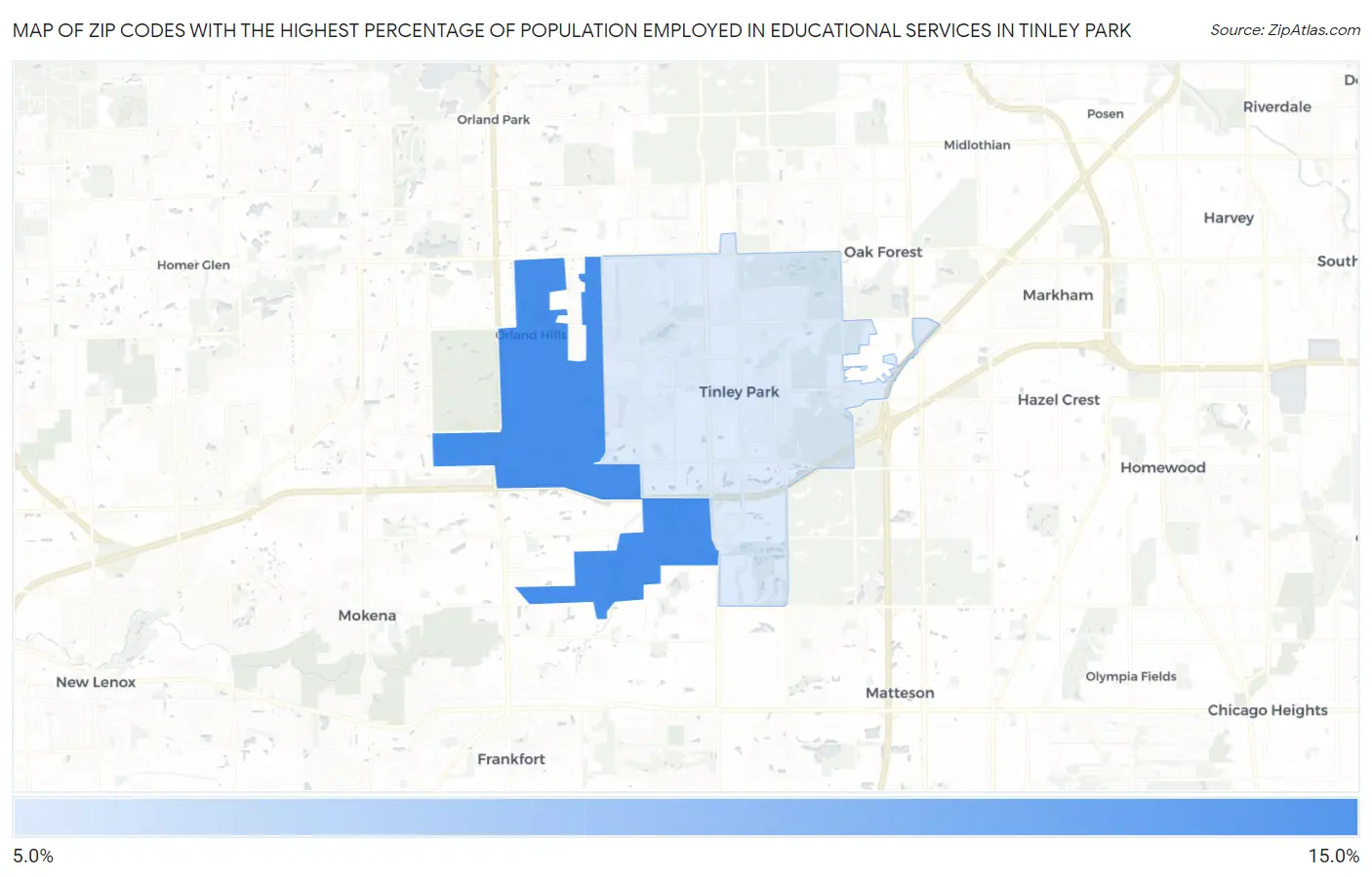 Zip Codes with the Highest Percentage of Population Employed in Educational Services in Tinley Park Map