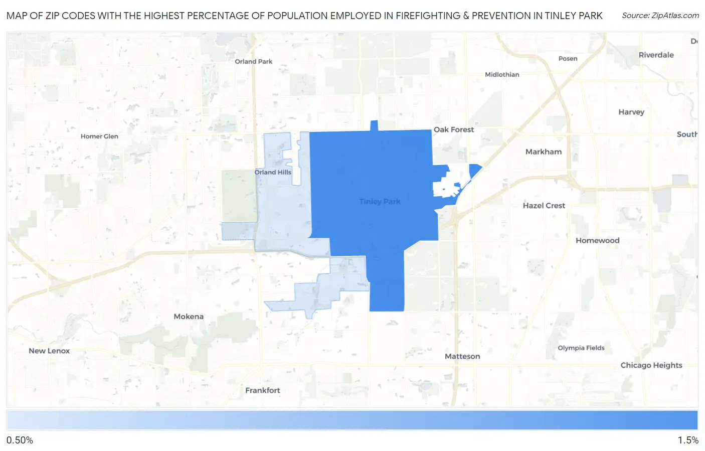 Zip Codes with the Highest Percentage of Population Employed in Firefighting & Prevention in Tinley Park Map