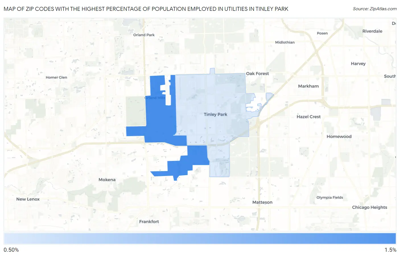 Zip Codes with the Highest Percentage of Population Employed in Utilities in Tinley Park Map