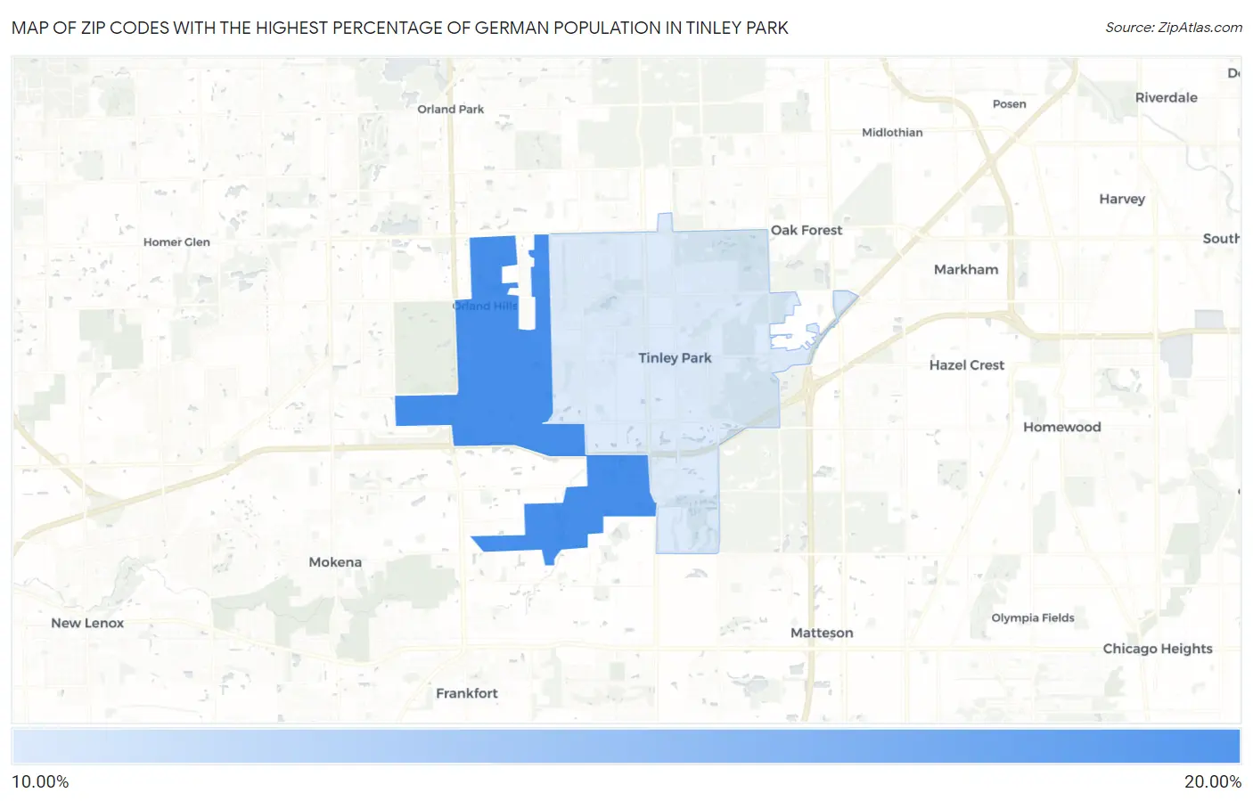 Zip Codes with the Highest Percentage of German Population in Tinley Park Map
