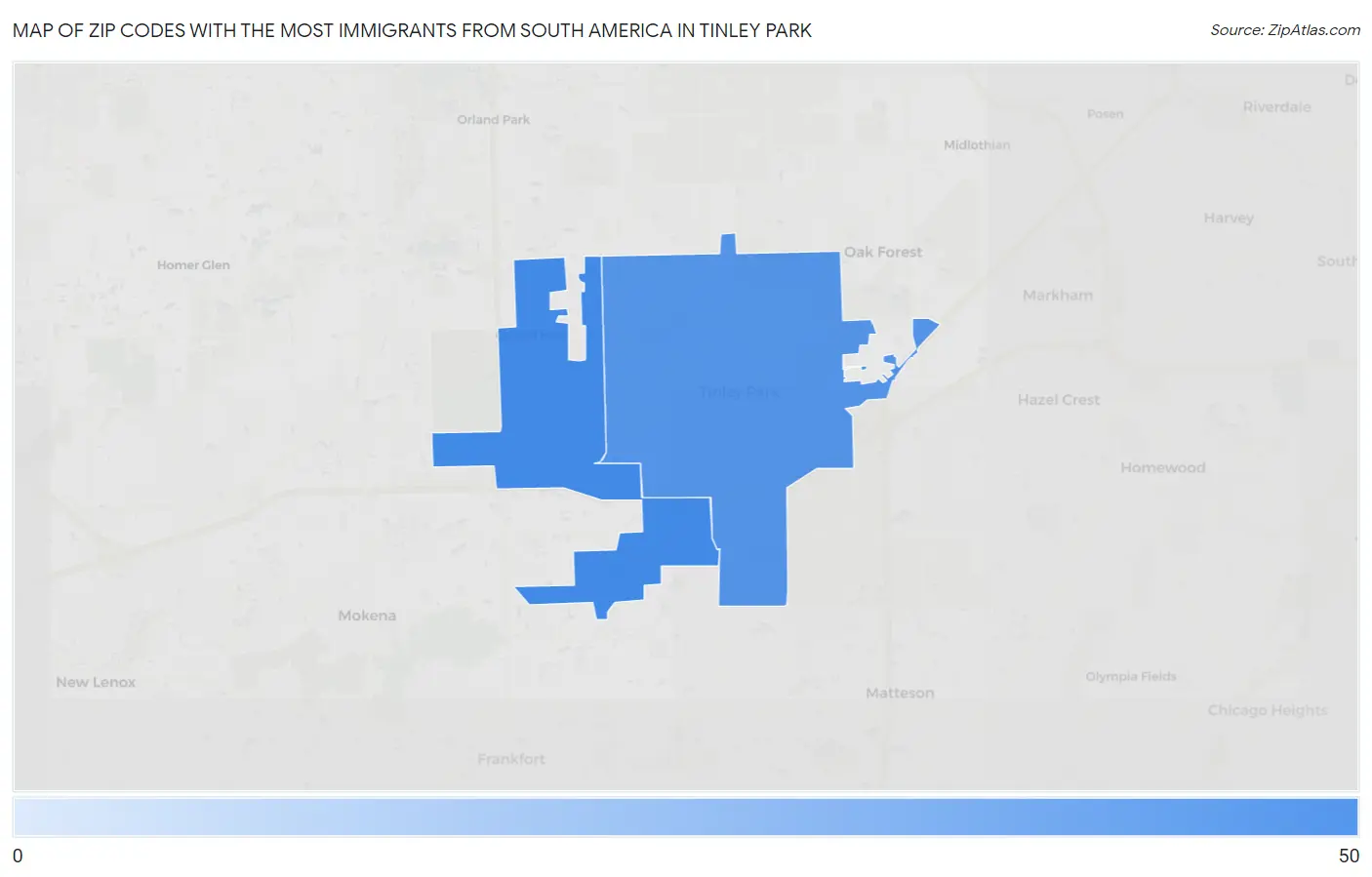 Zip Codes with the Most Immigrants from South America in Tinley Park Map