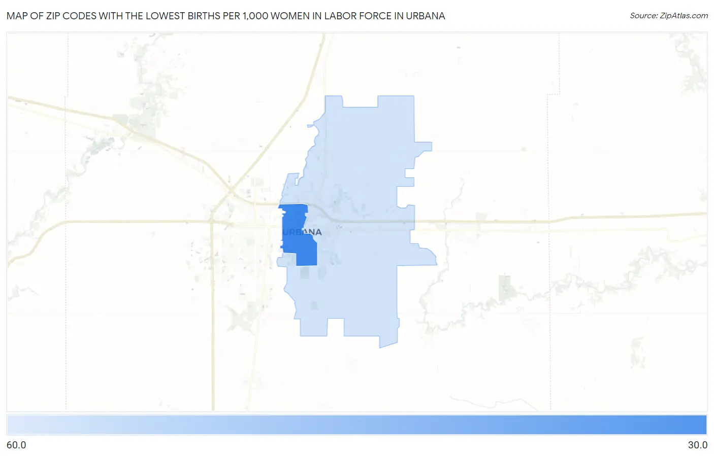 Zip Codes with the Lowest Births per 1,000 Women in Labor Force in Urbana Map
