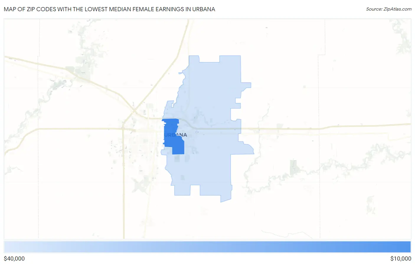 Zip Codes with the Lowest Median Female Earnings in Urbana Map