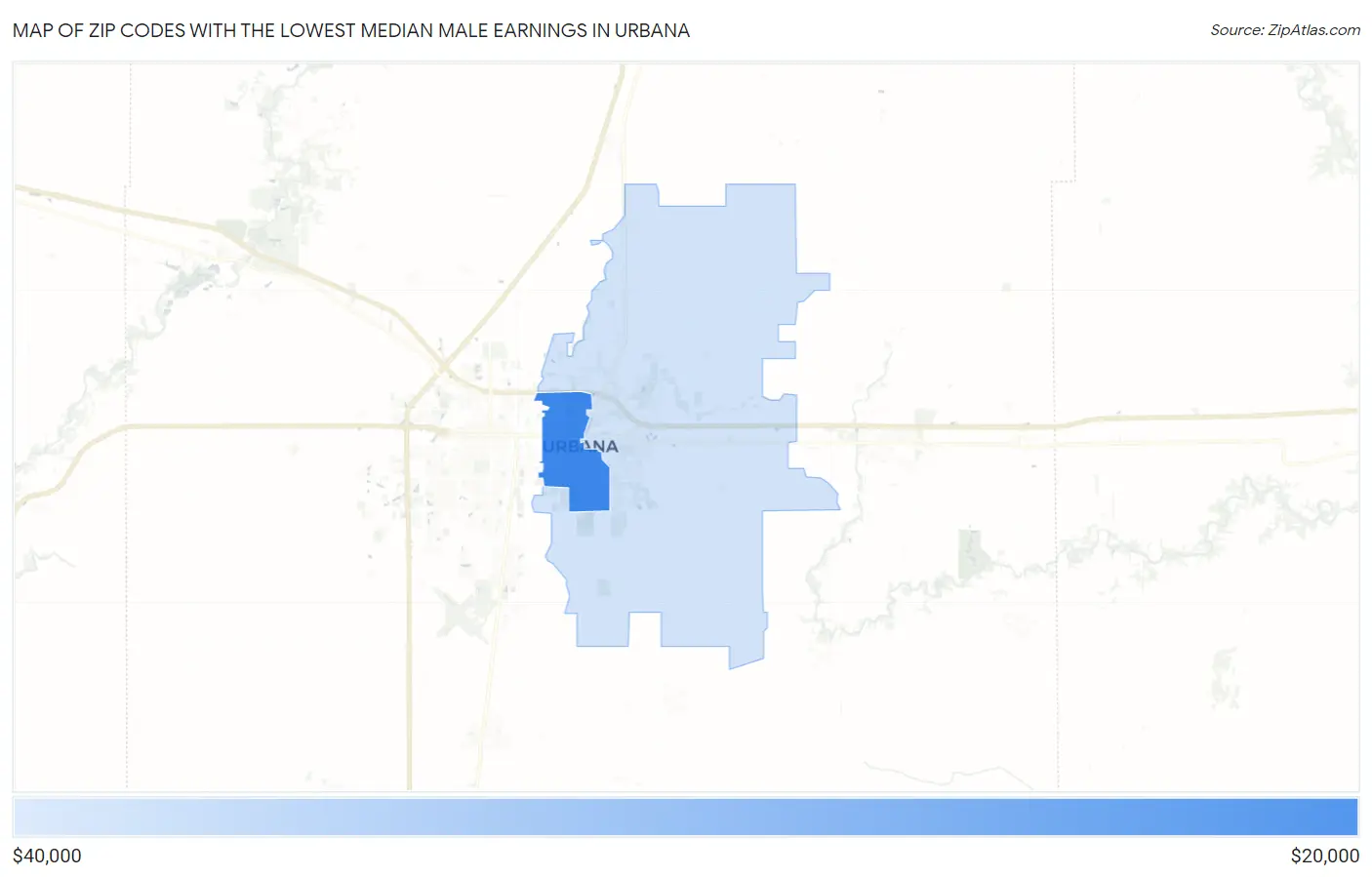 Zip Codes with the Lowest Median Male Earnings in Urbana Map
