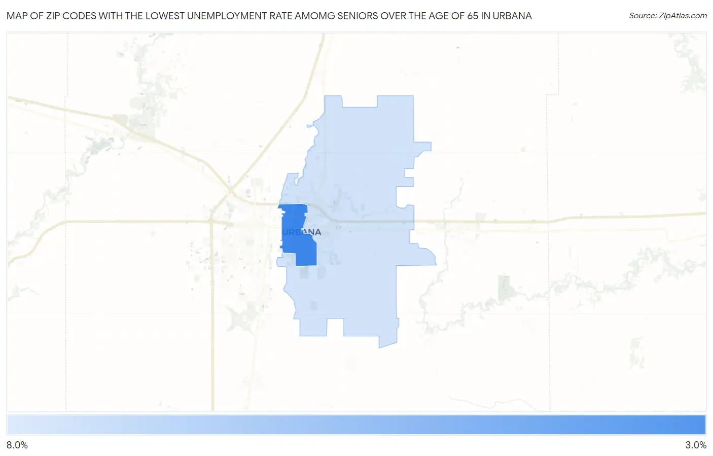 Zip Codes with the Lowest Unemployment Rate Amomg Seniors Over the Age of 65 in Urbana Map
