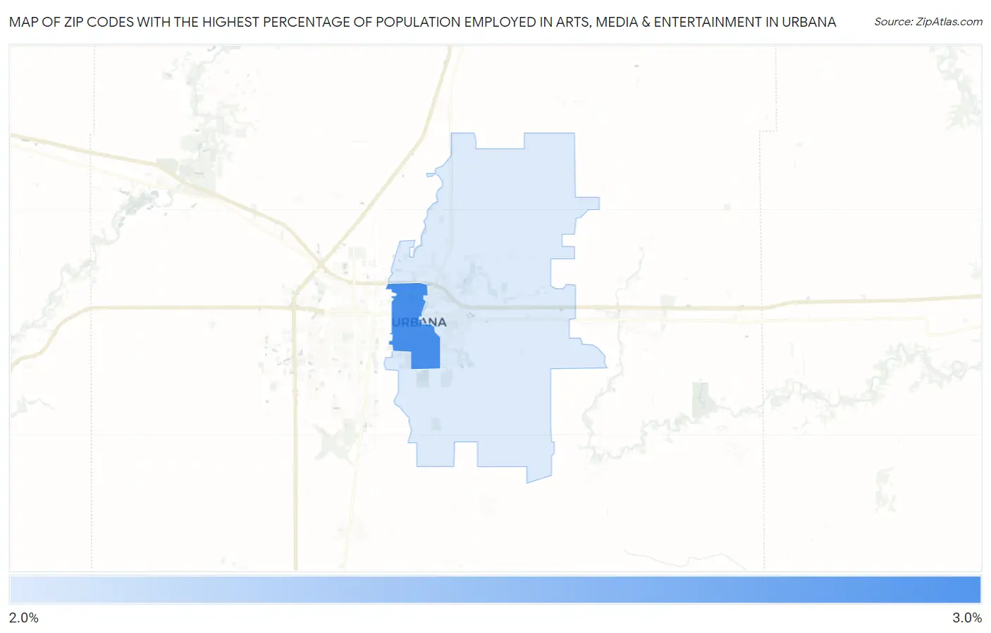 Zip Codes with the Highest Percentage of Population Employed in Arts, Media & Entertainment in Urbana Map